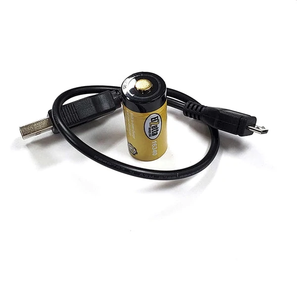 Elzetta branded rechargeable 16340 battery cell with micro USB charging cable