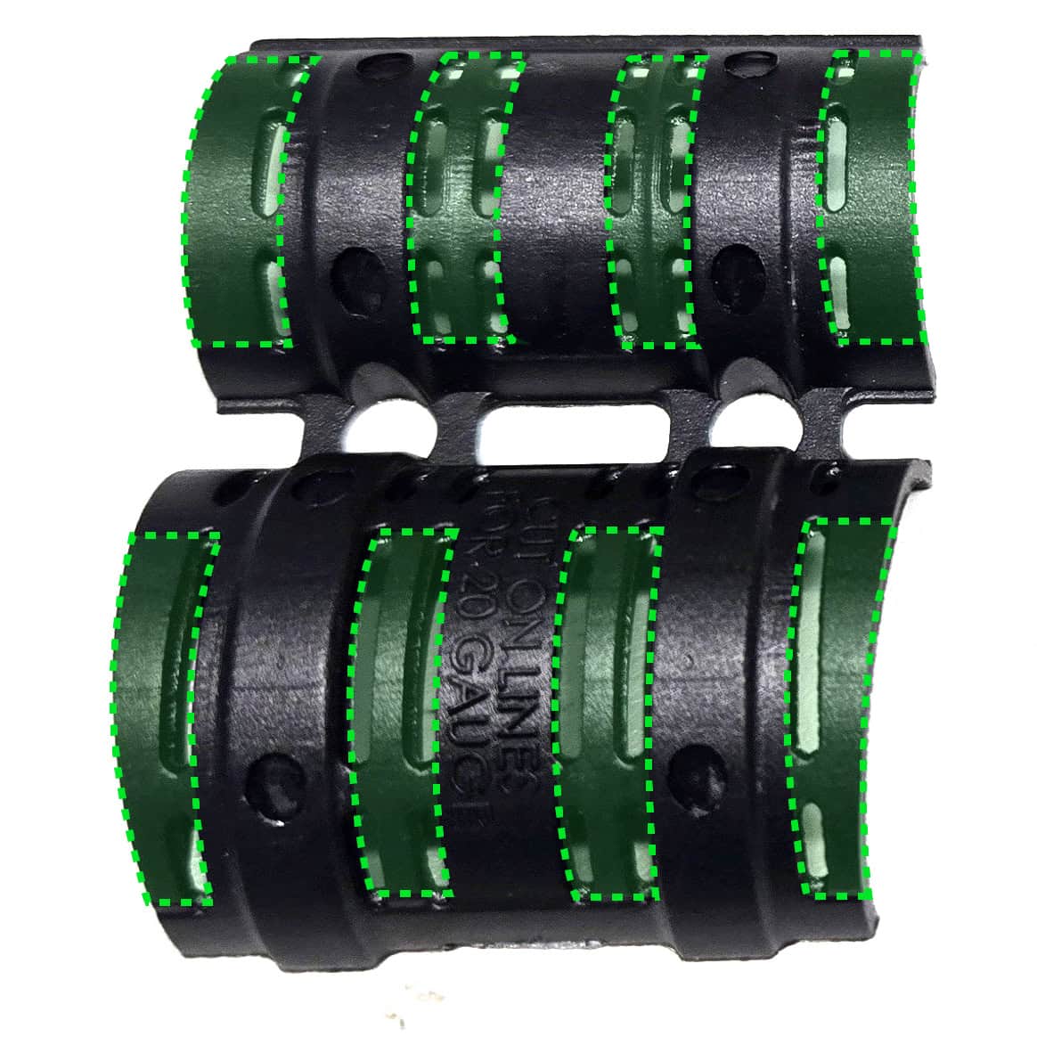 ZSM gauge adapter before trimming. image shows locations to trim. Locations outlined with dotted line and colored green.