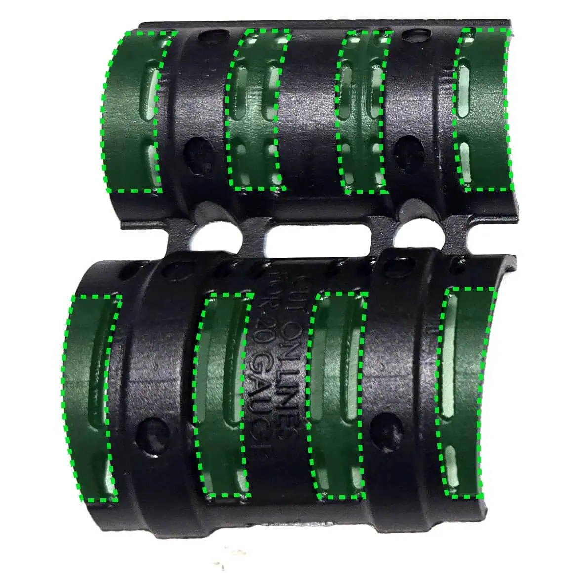 ZSM gauge adapter before trimming. image shows locations to trim. Locations outlined with dotted line and colored green.