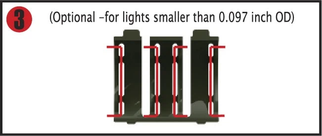 ZSM installation illustration 3. Image shows clipping locations for sizing adapter to accommodate flashlights of 0.87-inch to 0.97-inch diameters.