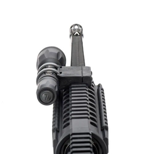 ZRX flashlight mount installed on a picatinny rail with elzetta bravo flashlight installed.