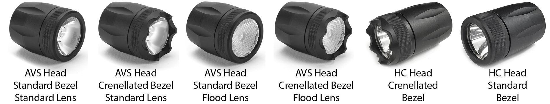 Pic of AVS heads with both bezels with standard lenses and flood lenses next to HC heads with both bezels