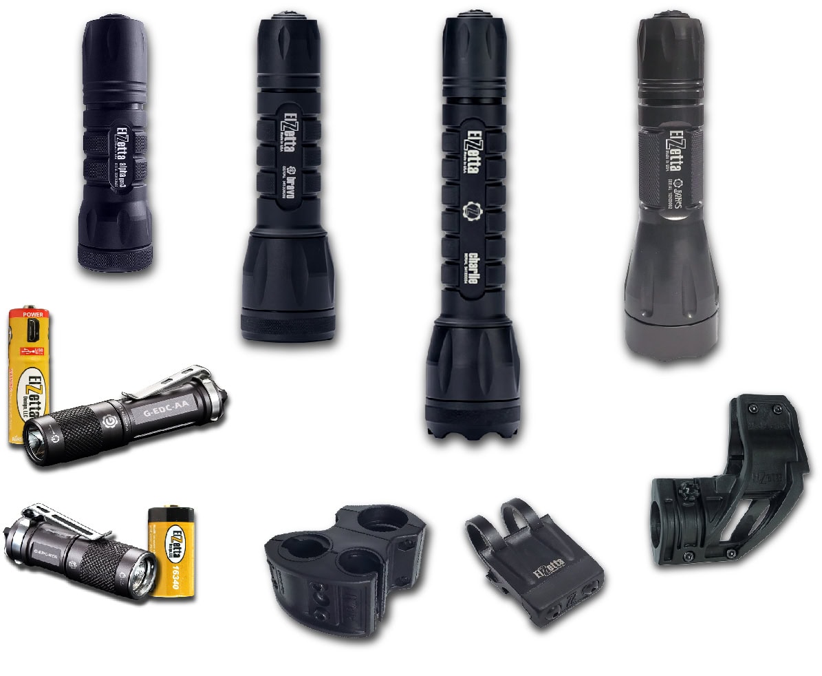 Icon for All Products Category. Picture contains flashlights, mounts, and batteries.
