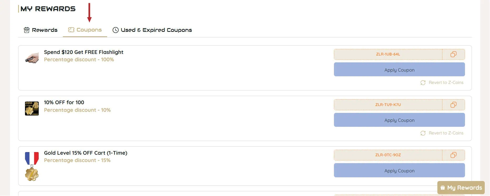 image illustrating the coupons tab of the my rewards section