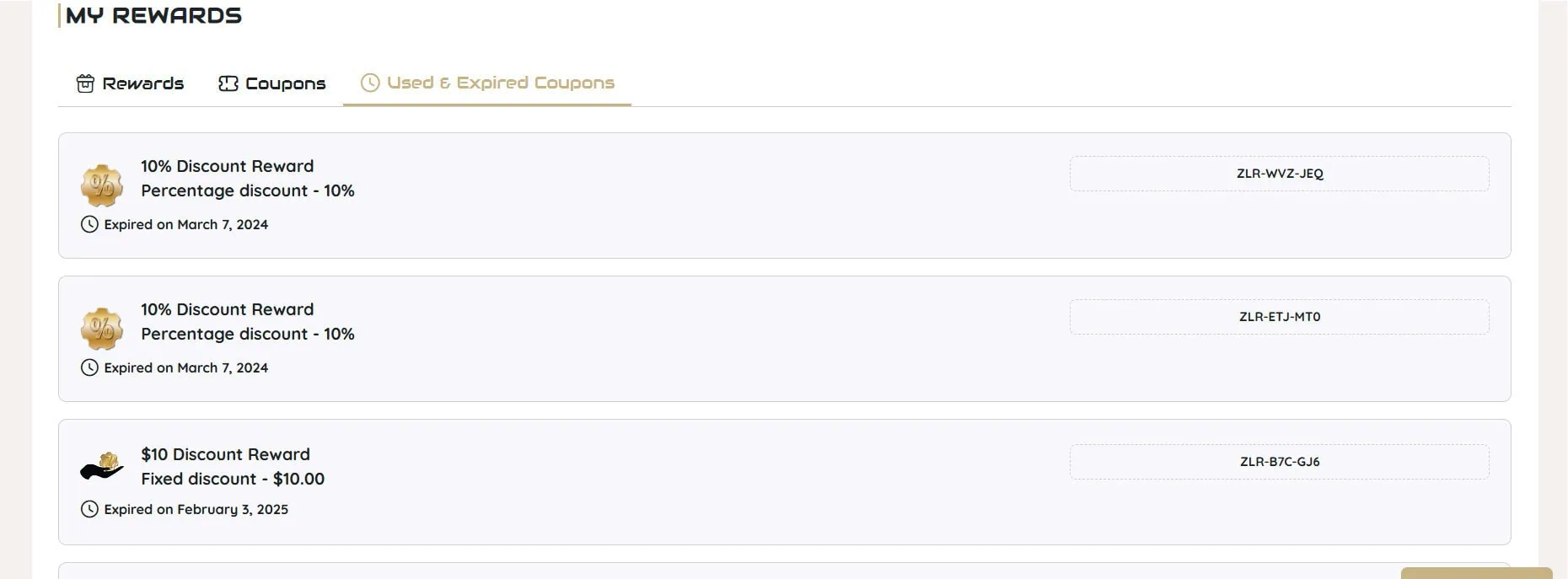 image illustrating the expired coupons tab of the my rewards section