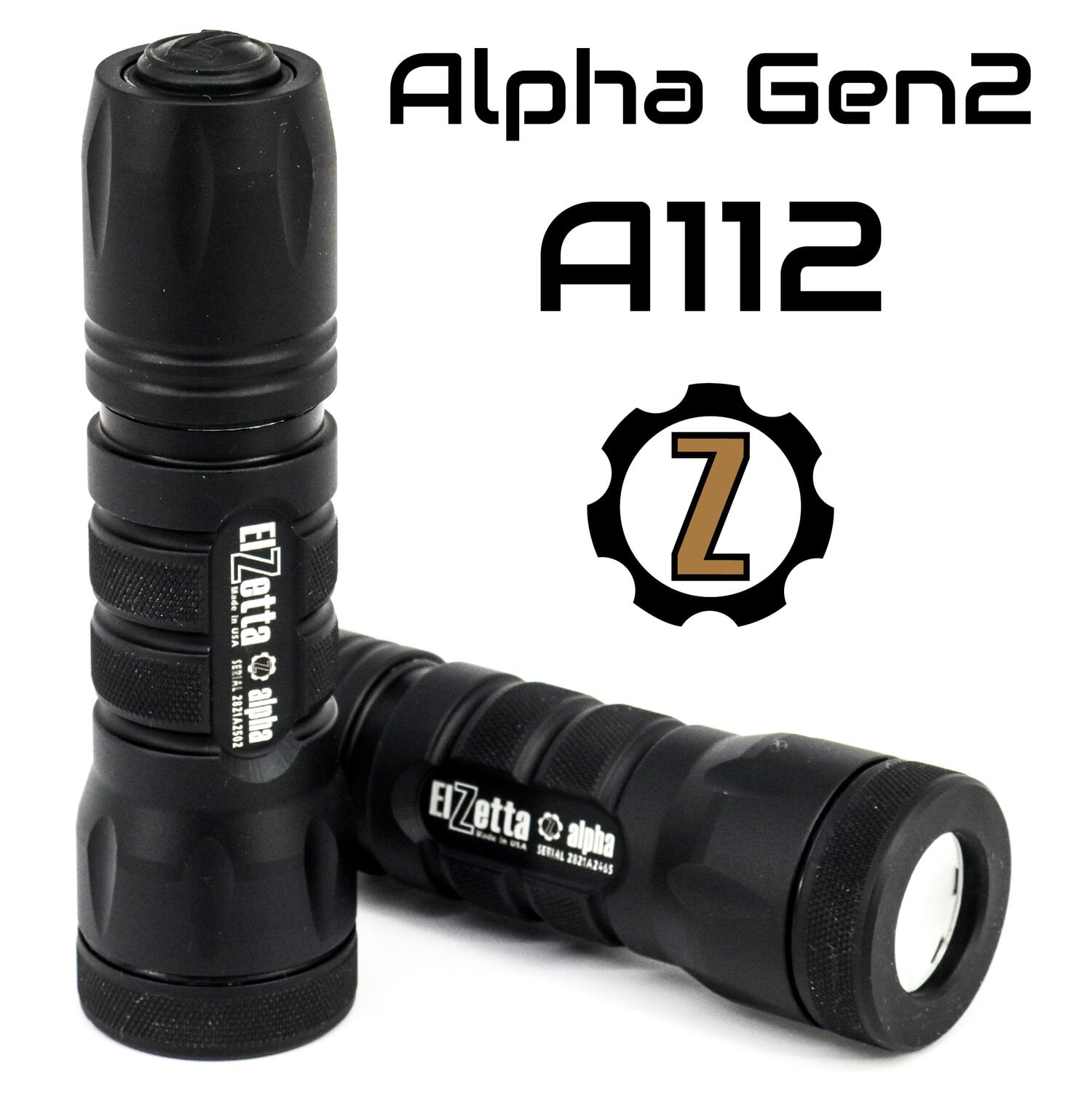 Two Alpha Gen2 A112 flashlights on a white background. Main product image for garage sale page.