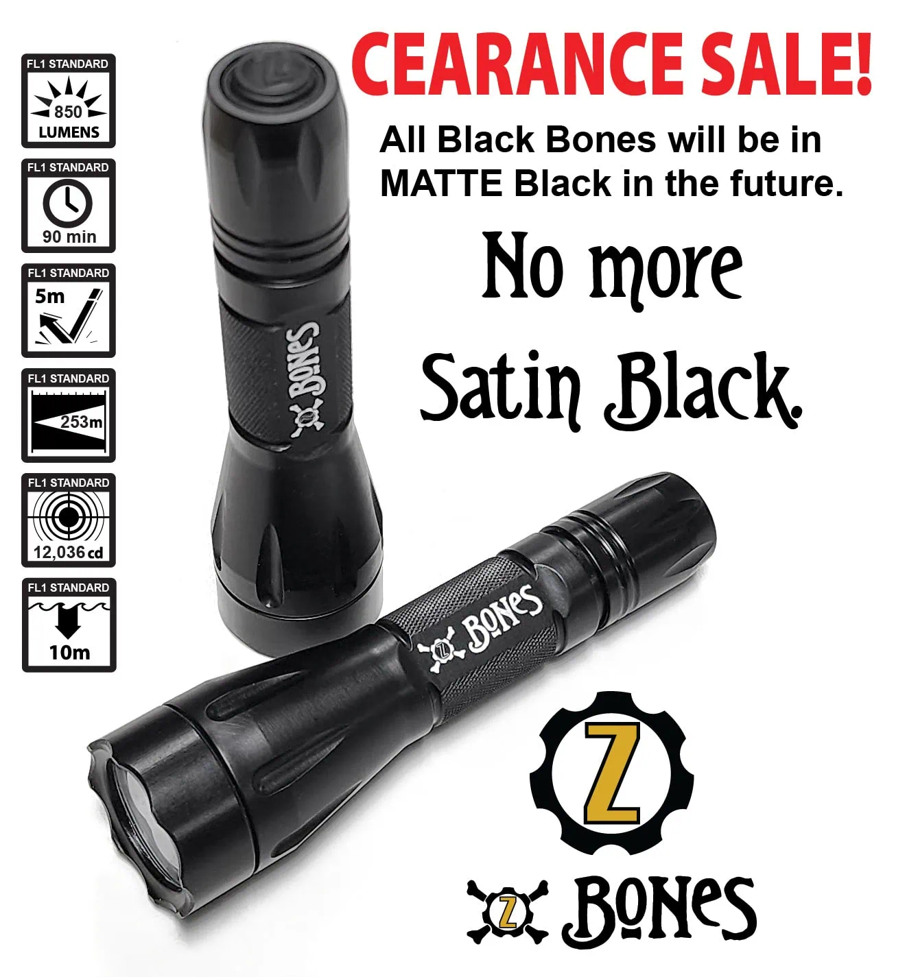 Image of Black Bones with text: Clearance! All black bones will be matte black in the future. No more satin black.