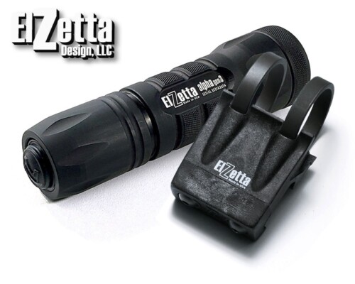 Elzetta Picatinny Illumination Kit, Flashlight model A112 and ZRX Flashlight Mount on White Background. Elzetta Logo