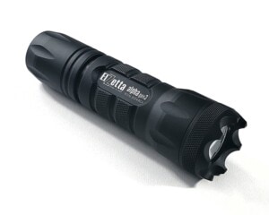 Elzetta Alpha Gen3 Model A313 Flashlight with Crenellated Bezel Ring, Standard Lens showing Hi/Low Tailcap