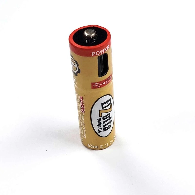 Elzetta brand rechargeable AA battery with USB Port standing vertically on white surface.