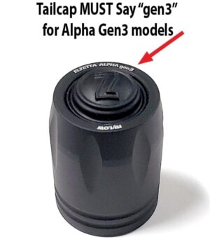 Alpha Gen3 High/Low Tailcap with arrow pointing at engraving on tailcap indicating Alpha Gen3 Hi/Lo Tailcap. Text: "Tailcap MUST say "Gen3" for Alpha Gen3 Models"
