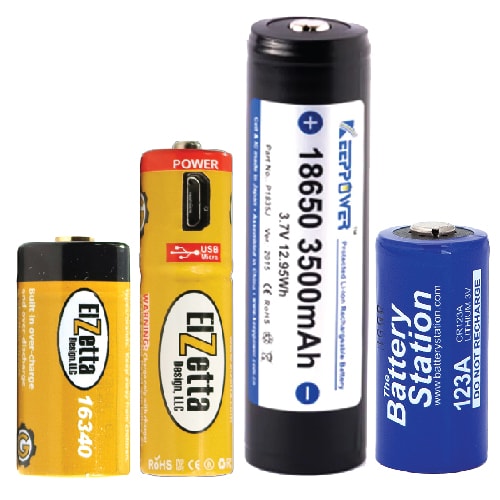 Elzetta FAQ (Frequently Asked Questions) Page showing different types of Batteries. RCR16340, AABattery with USB port, 18650 battery, CR123a Battery