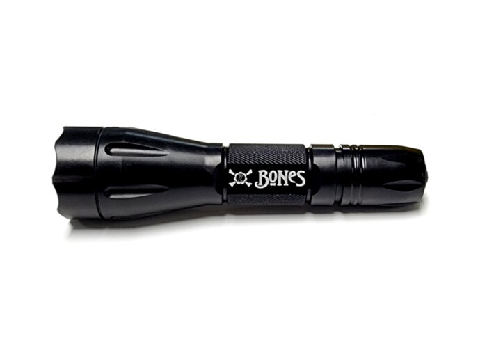 Picture of Black Elzetta Bones Flashlight on white background.