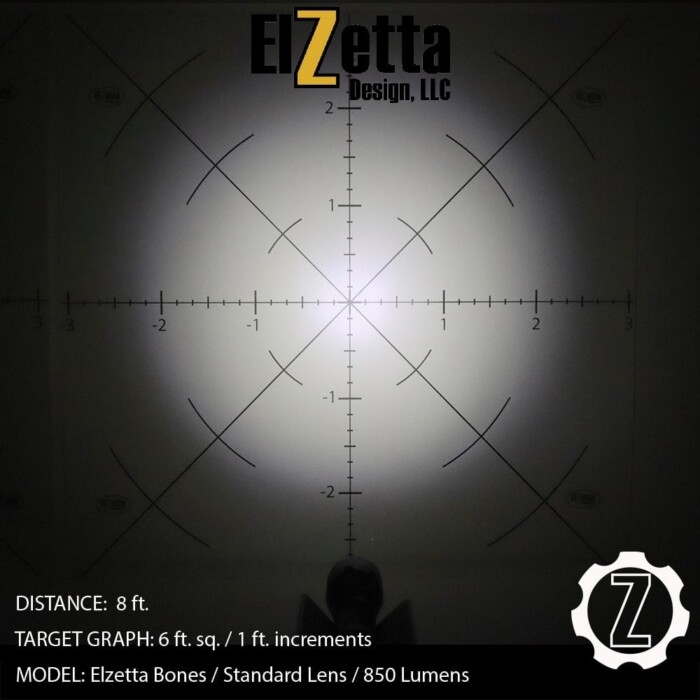 Elzetta Bones with Standard Lens Beam Pattern Image on 6 ft. Square Graph. 850 Lumens