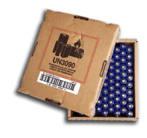 Image of box containing 100 CR123a battery cells. box is open, revealing the tops of 100 battery cells.