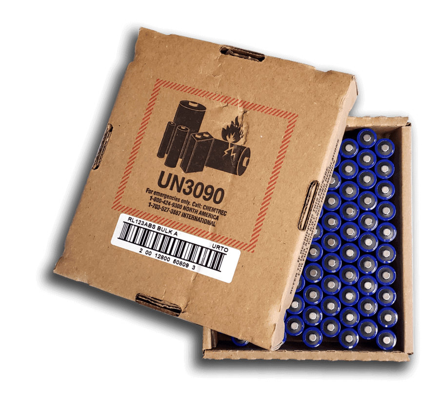 Image of box containing 100 CR123a battery cells. box is open, revealing the tops of 100 battery cells.