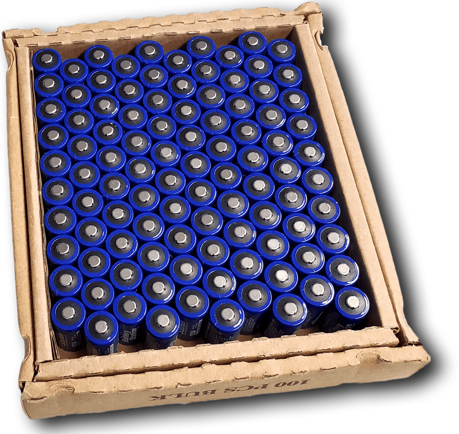 Image of box containing 100 CR123a battery cells. box is open, revealing 100 the tops of 100 battery cells.