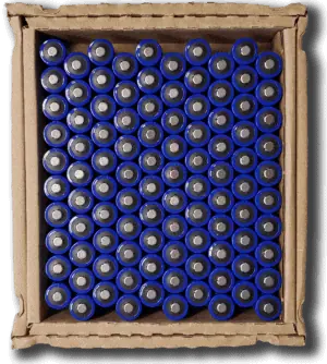 Image of box containing 100 CR123a battery cells. box is open, revealing 100 the tops of 100 battery cells.