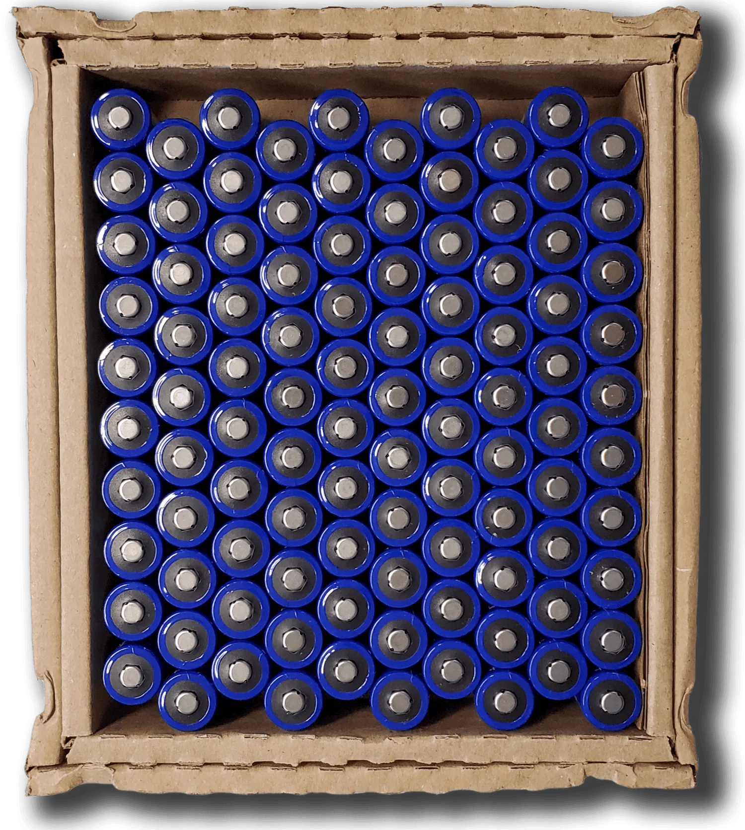 Image of box containing 100 CR123a battery cells. box is open, revealing 100 the tops of 100 battery cells.