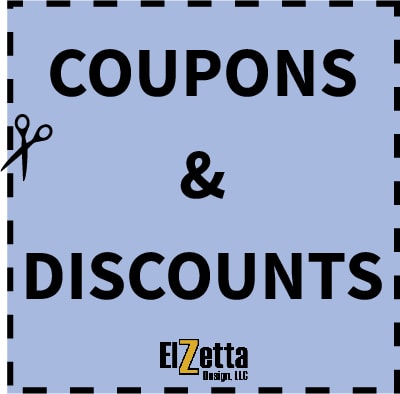 Elzetta FAQ Page Coupons and Discounts Thumbnail. Dotted outline that looks like a coupon with a small graphic of a pair of scissors to indicate cutting out the coupon. Elzetta logo at bottom.