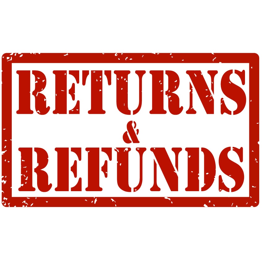 Elzetta FAQ Page Returns Refunds thumbnail. Rubber stamped image of words Returns & Refunds