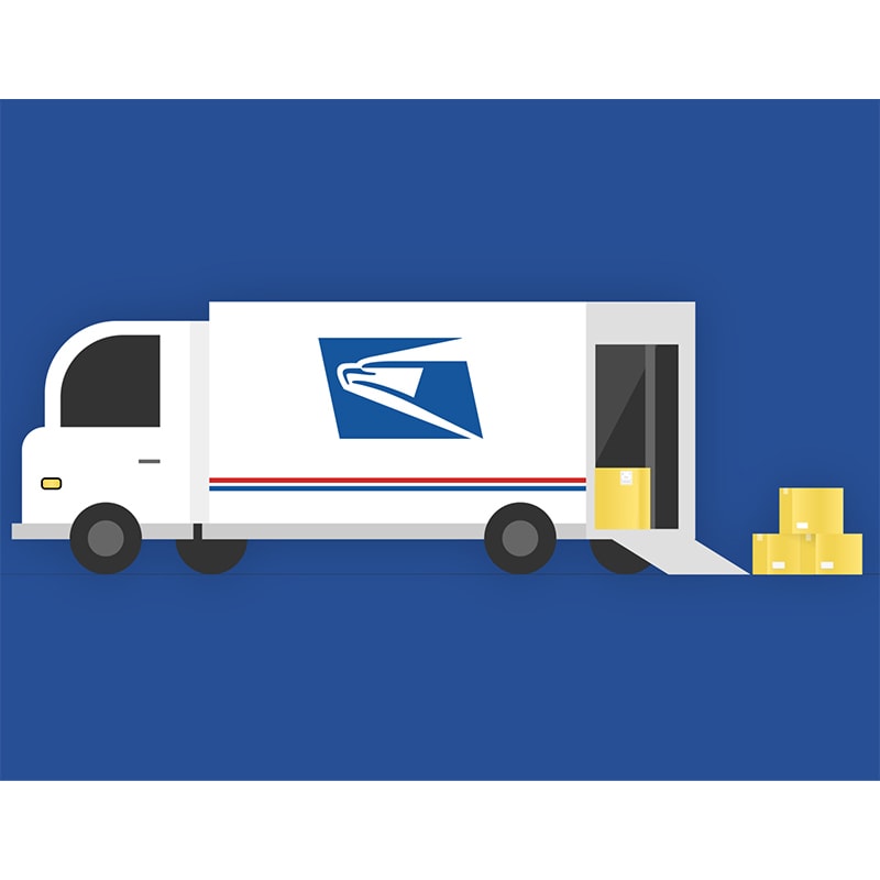 Elzetta FAQ Page Shipping thumbnail. USPS truck with back door open and a few boxes in back of Truck.