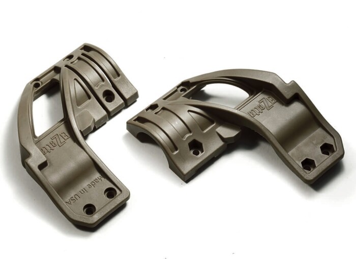 Elzetta ZFH1500 Flashlight Rifle Mount. Disassembled, showing Two Halves of Mount. White Background