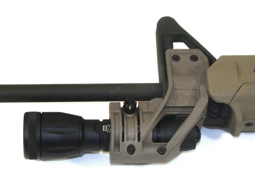 Elzetta B133 Flashlight Mounted on AR-15 Rifle with Elzetta ZSM Flashlight Rifle Mount with Thumb Screw. White Background